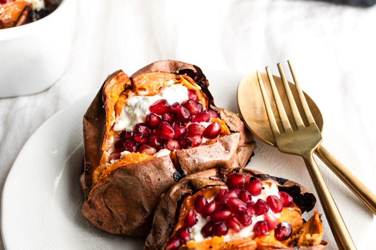 Baked Sweet Potatoes With Burrata and Pomegranate
